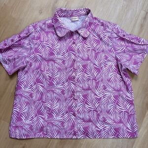 American Sweetheart Womens Large Open-Sleeve Hawaiian Shirt Palm Leaf Pink White